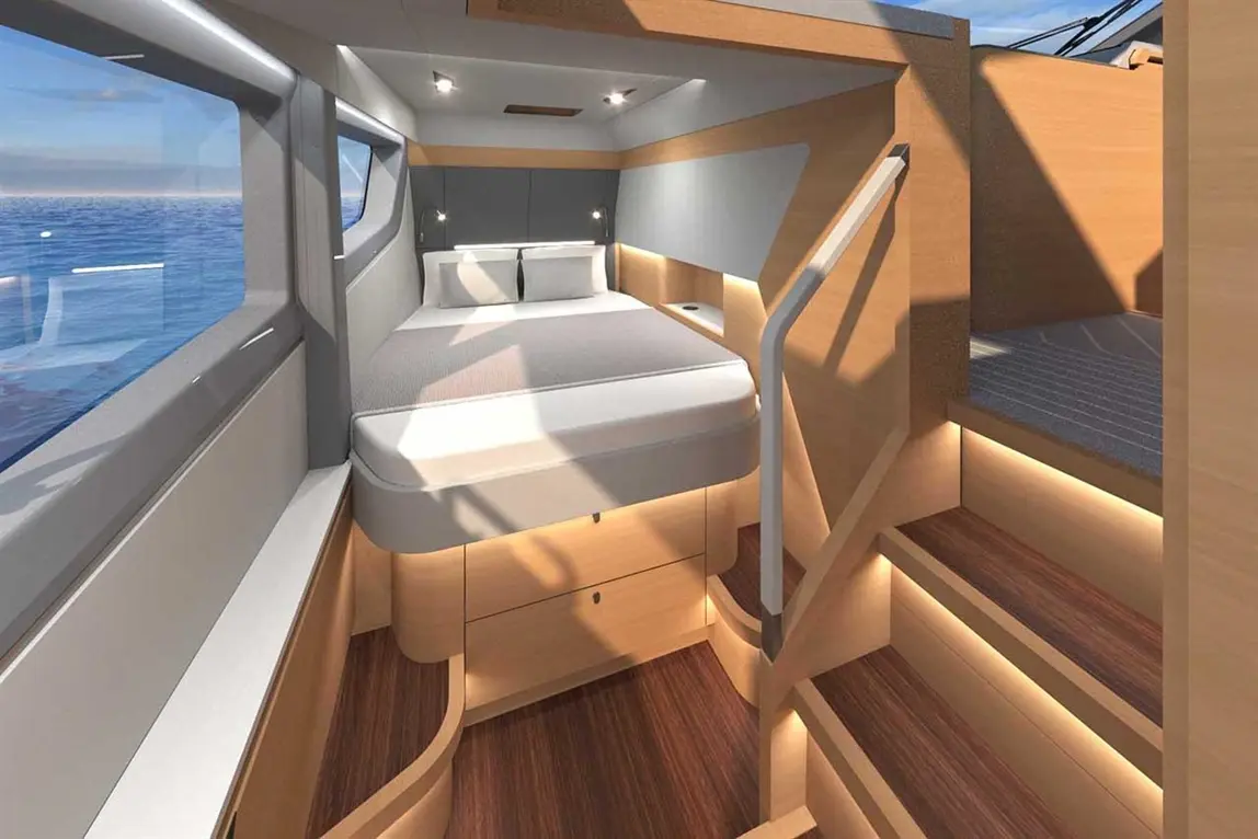 Interior of a modern yacht cabin featuring a double bed, wooden storage, large windows, and a stairway.